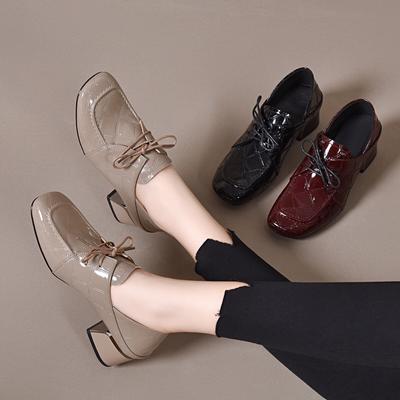 Square Head Single Shoes Women's Autumn and Winter New Cow Patent Leather Lace-up Thick Heel High Heels One Shoe Two Wear Small Leather Shoes