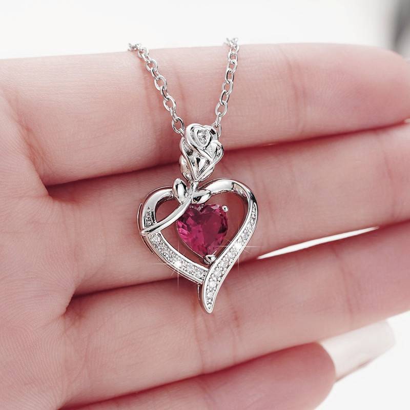 

Huitan Gorgeous Red Heart CZ Rose Design Women s Pendant Necklace Aesthetic Bridal Wedding Accessories Gift for Mother s Day New
