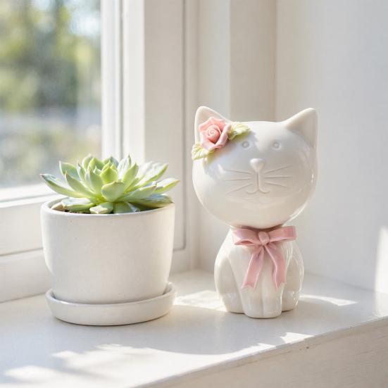 1/2Pcs Ceramic Bow Cat Figurine, Sitting Kitten Statue with Flower Decor, Mini Animal Desktop Ornament for Home Office