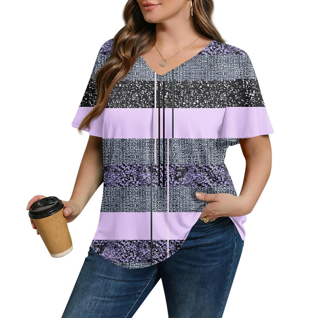 Women's Plus Size Fashionable Casual Loose-Fit Short Sleeve Elegant V Neck Blouse For Work
