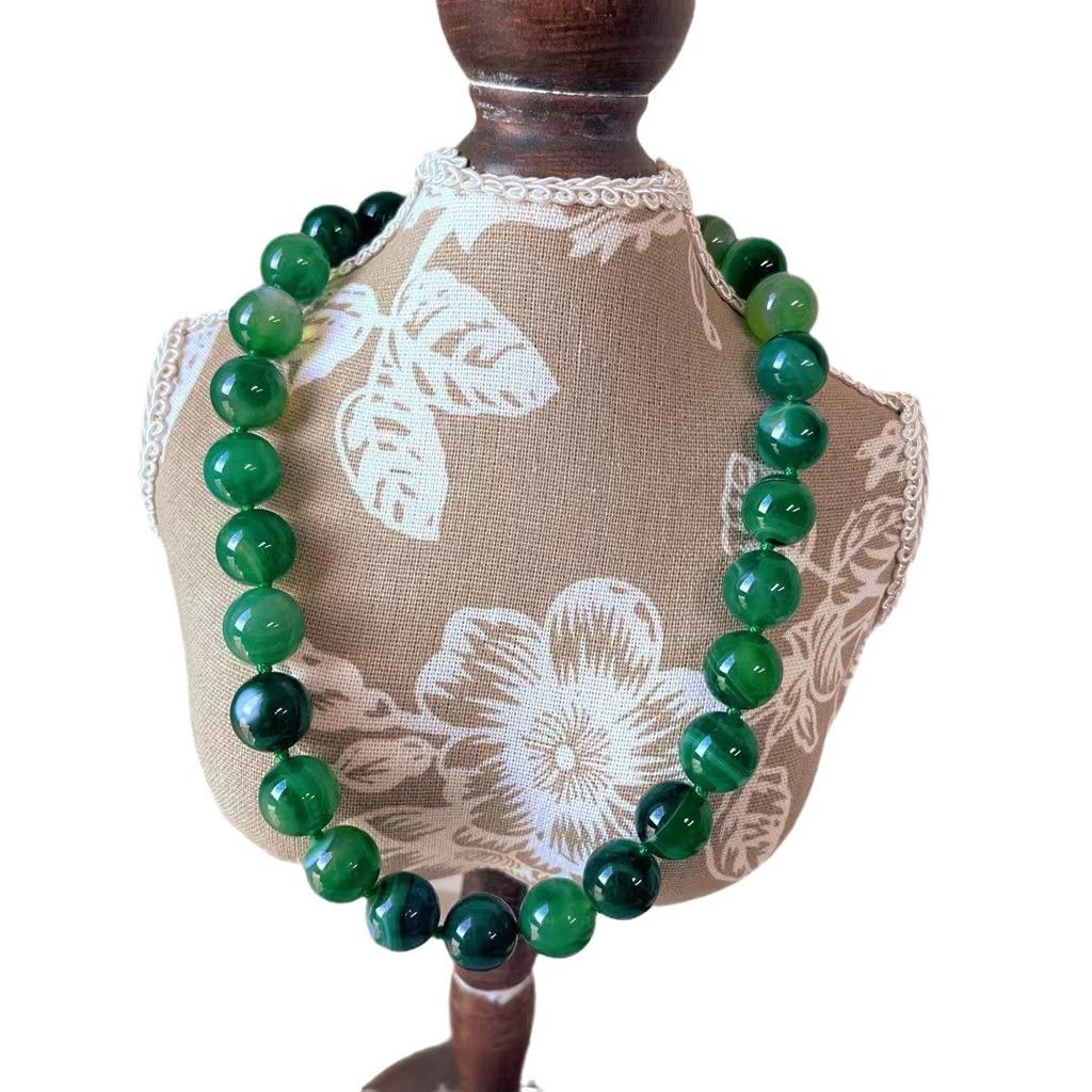 National Style Jadeite Color Large Particles 14Mm Natural Green Chalcedony Agate Necklace Women'S Atmosphere Basic Beads