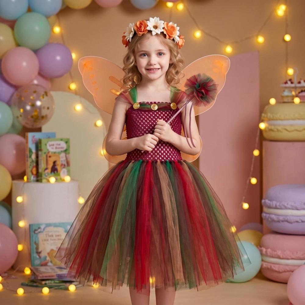 Forest Fairy Girl Costume Dress With Tulle Skirt Butterfly Wings Magic Wand For Toddler Girls