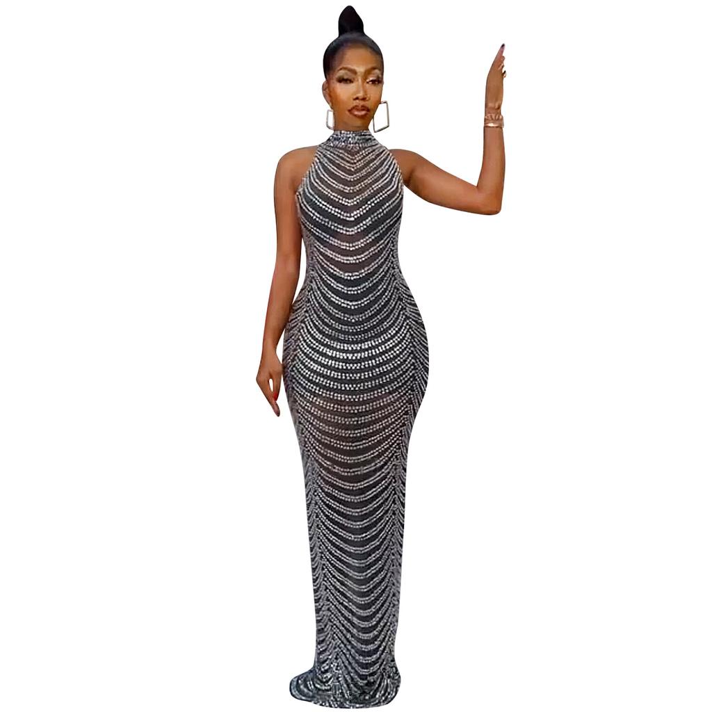 Women's Dress Fashion Sexy Backless Nightclub Party Dresses Hot Drilling See Through Long Dresses