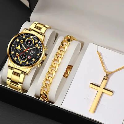 3pcs/set Fashion Men's Sports Round Dial Stainless Steel Quartz Watch & Men's Bracelet & Men's Necklace, Men's Gifts