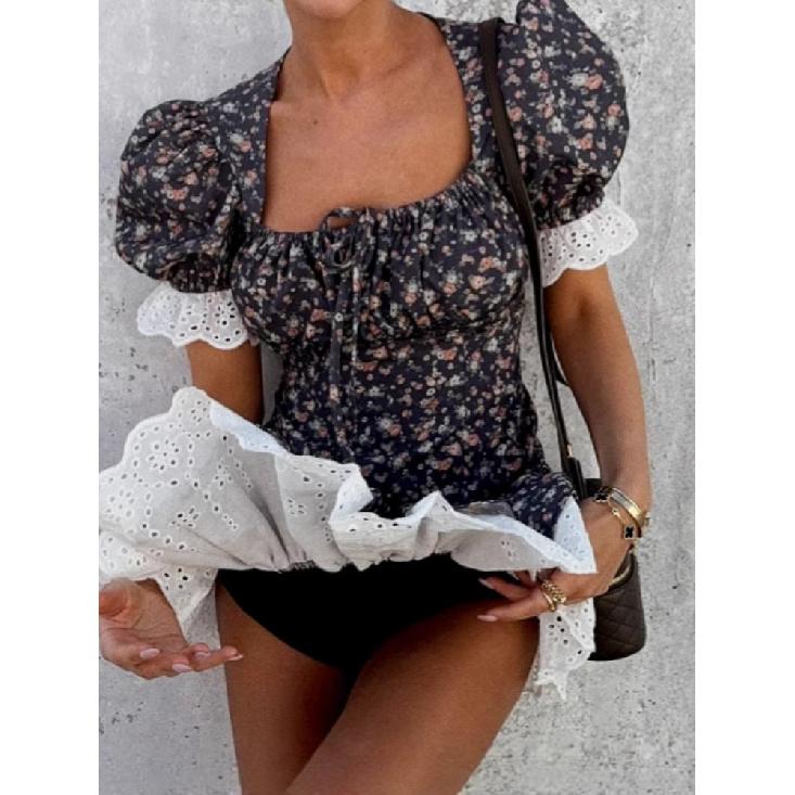 Elegante Vestido Floral de Encaje Francés Primavera Y Verano Mujer Cuello Cuadrado Commute Suave Hogar Viaje Casual Vestido Cintura Alta