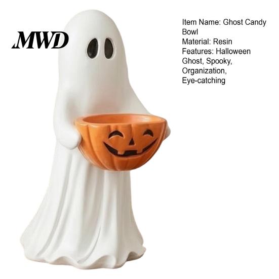 Porta Caramelle Decorativo Statuetta Fantasma di Halloween con Ciotola Zucca, Statua Carina in Resina, Souvenir Autoportante, Porta Dolcetto o Scherzetto per l'Ingresso