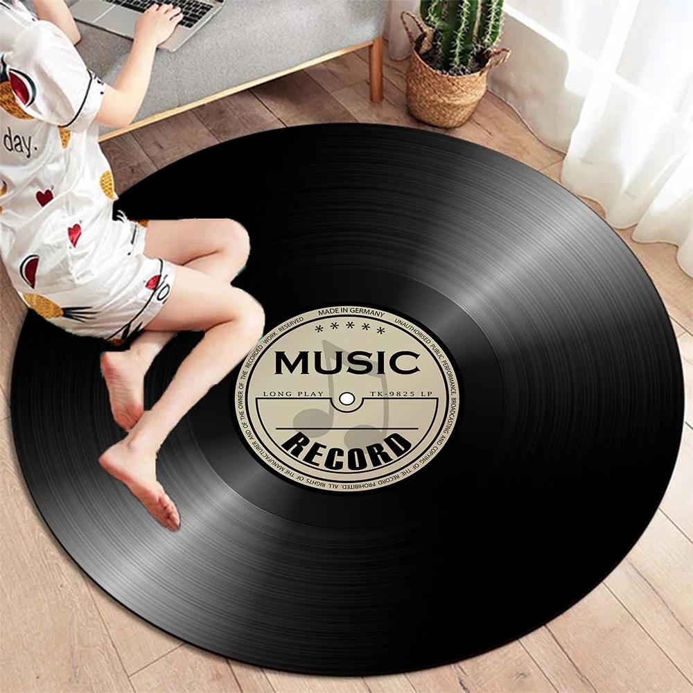 Runder Teppich mit klassischer Musik-Schallplatte, Teppiche für die Dekoration von Wohnzimmerstühlen, weiche, rutschfeste Bodenmatte zum Spielen für Kinder
