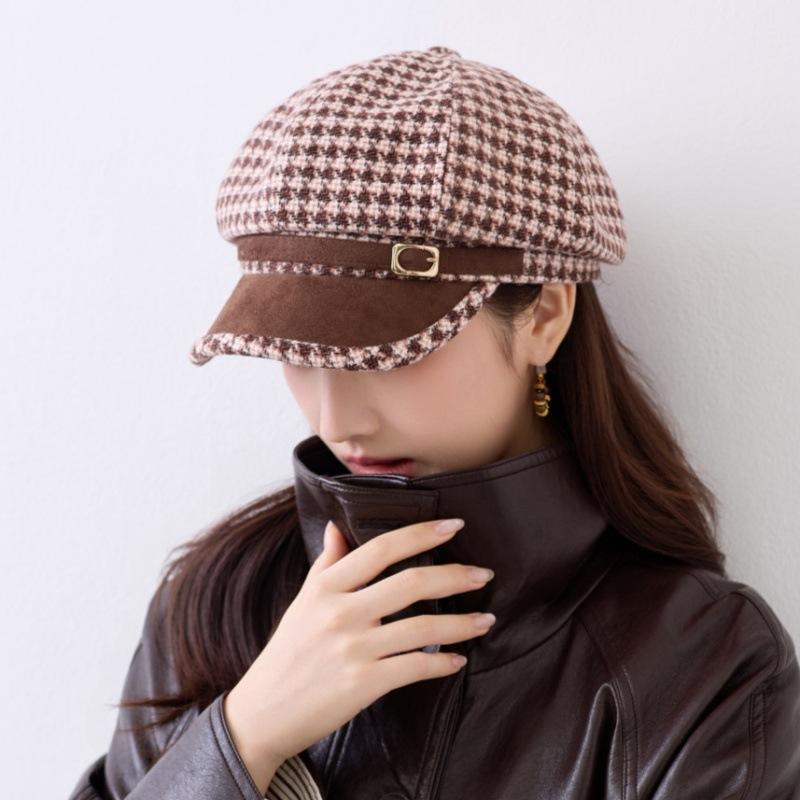 New British style retro plaid octagonal hat female small fragrant style show face small newsboy hat autumn and winter fashion hat