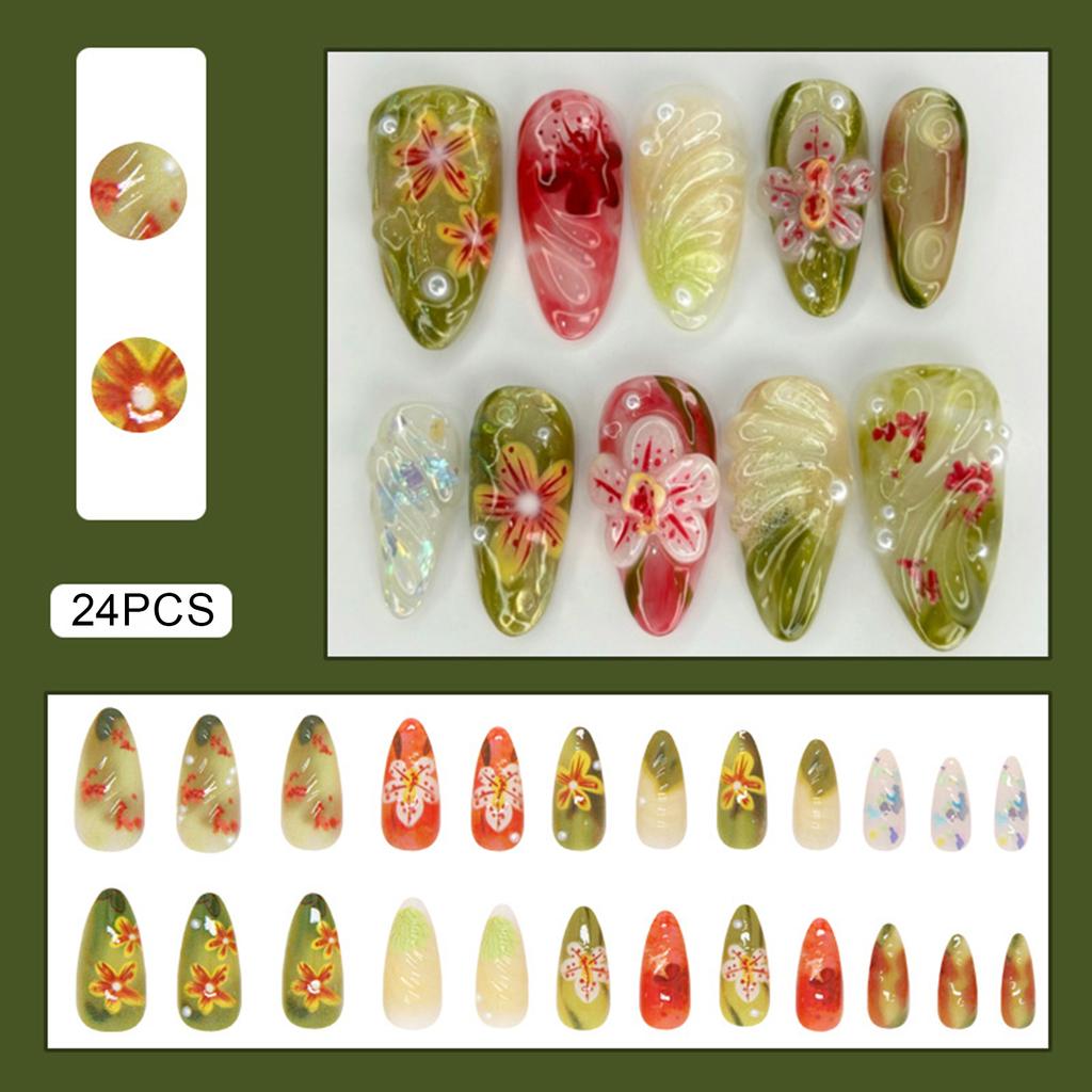 24pcs Wearable Bow Design Press on Nails Simple Pearl Starlight Short Almond False Nails Tips Finished Cat's Eye Fake Nail Sets