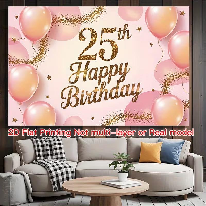 2D Soft Pink 25th Birthday Backdrop with Gold Confetti Photo Booth Banner