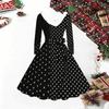 Women Polka Dot Print Midi Dress, Long Sleeve V‑Neck Furry Trim A‑Line Party Dress, Christmas Limited Edition