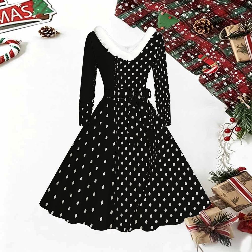 Women Polka Dot Print Midi Dress, Long Sleeve V‑Neck Furry Trim A‑Line Party Dress, Christmas Limited Edition