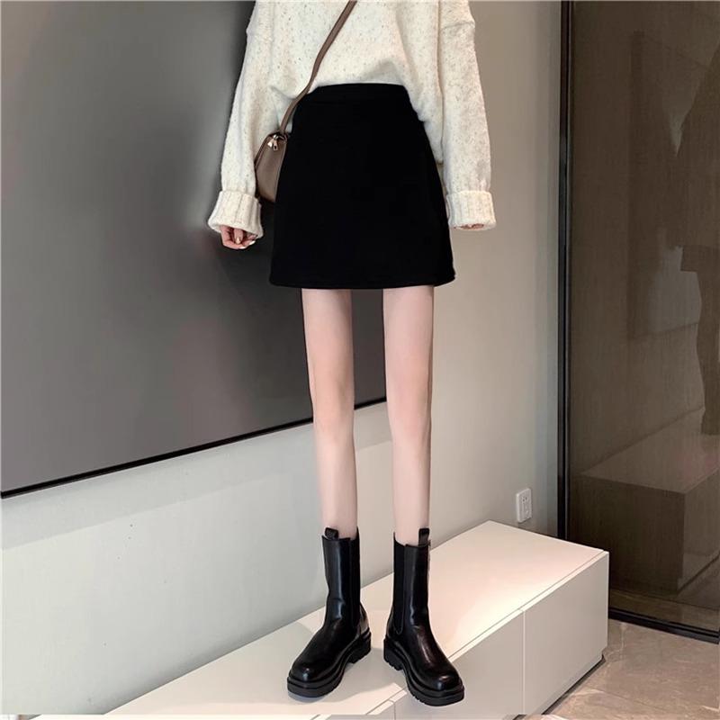 Women's High Waist Wool Blend A-Line Black Skirt - 2024 Petite Midi Bodycon, Anti-Exposure, Versatile for Autumn/Winter