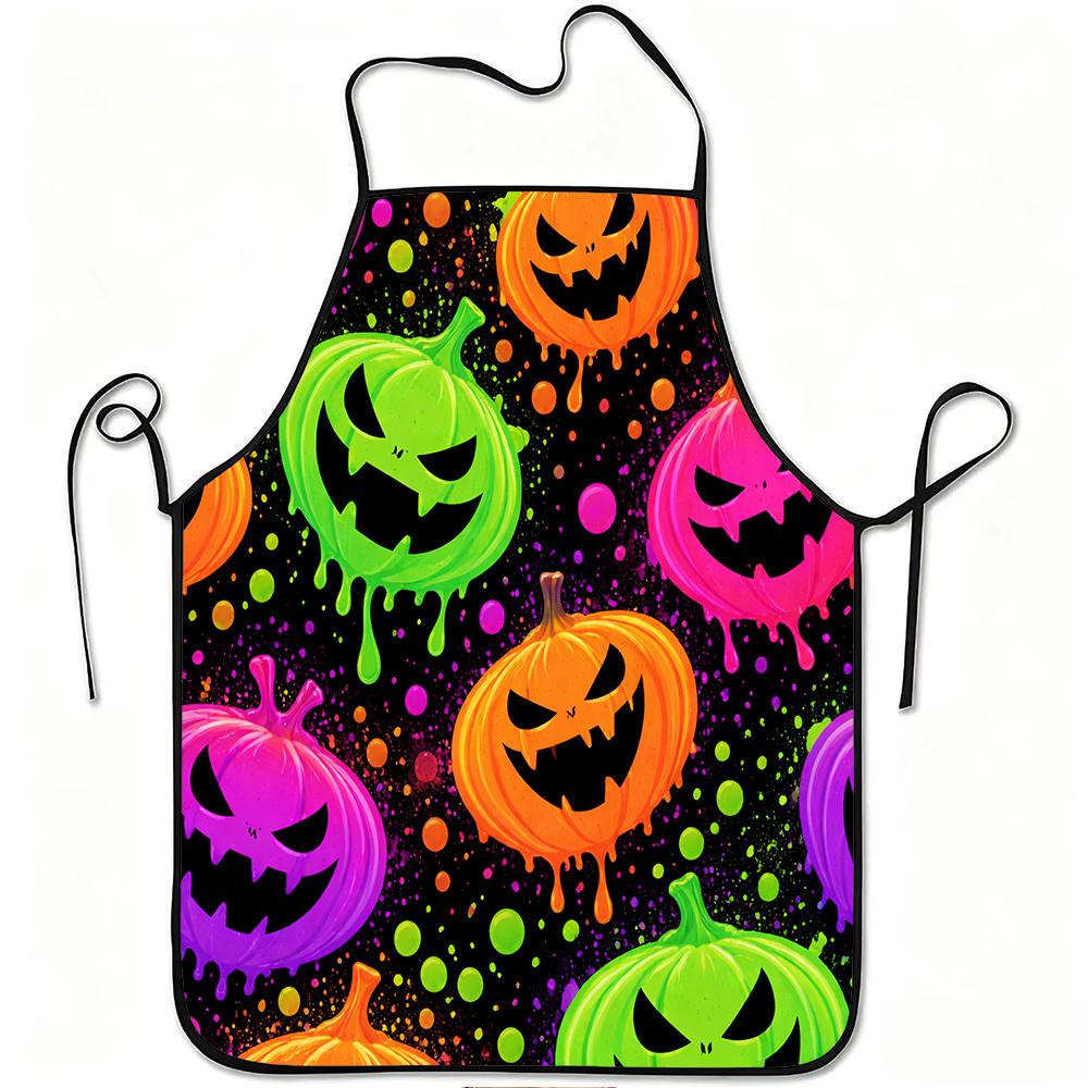1pc Neon Dripping Pumpkin Pattern Print Apron, Durable and Easy To Clean, Adjustable Waistband, Polyester Material, for Kitchen