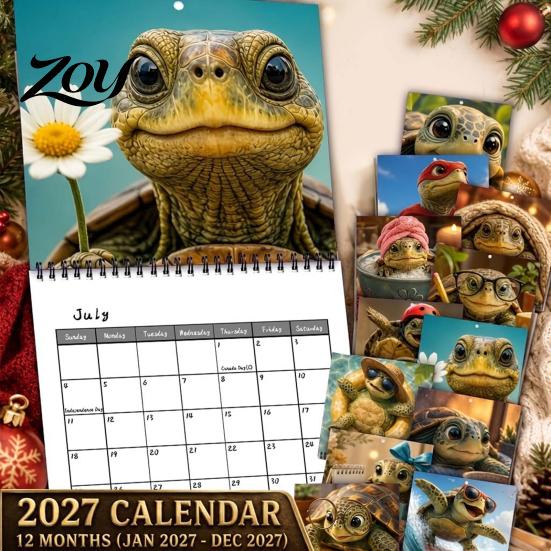 Creative Gift for Turtle Lovers 2025 Themed Wall Calendar, 12 Month Hanging Planner with Thick Decorative Animal Art Calendar Cotton Pulp Paper
