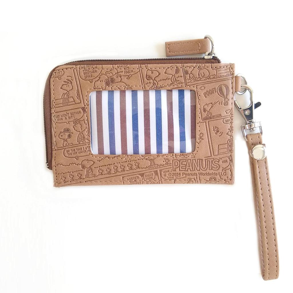 Snoopy Pass Case, Card Case, Key Case with Key Ring, Stylish Faux Leather Zip Case with Cute Embossed Design, All Comics, Brown