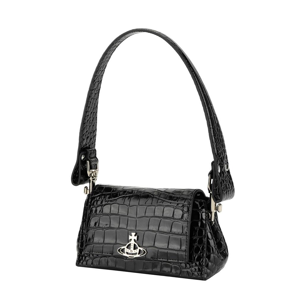 VIVIENNE WESTWOOD Silver Metal Accessories Crocodile Pattern Embossed Leather Shoulder Bag Women Shoulder Bag Black 46030001WL0098N401