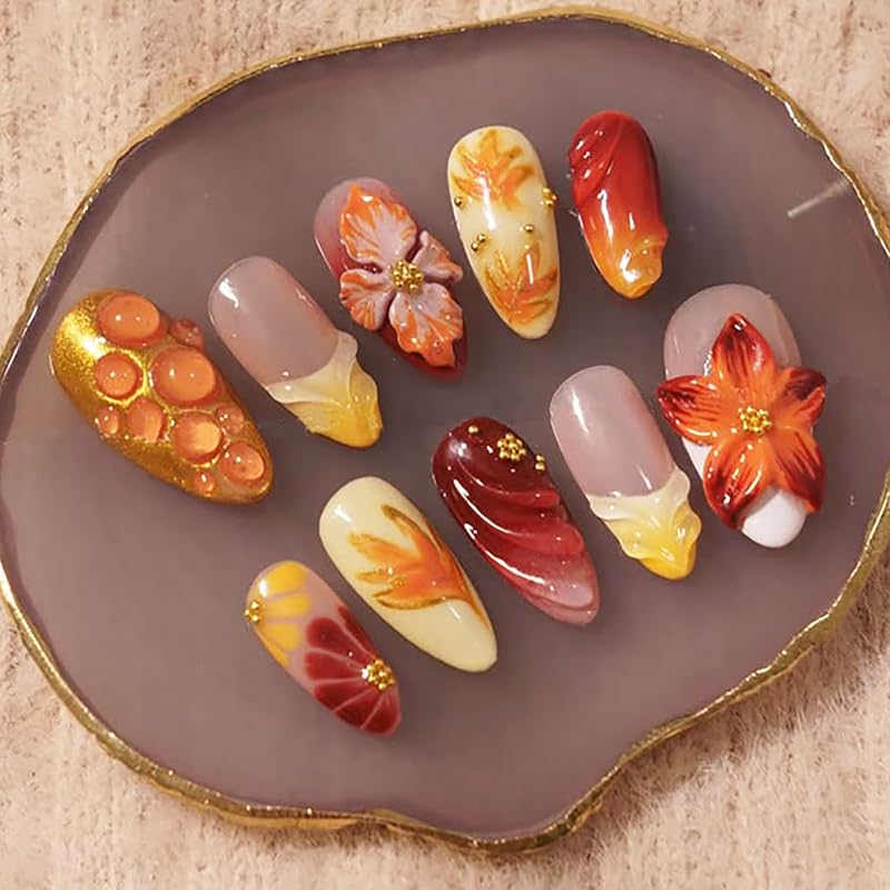 30Pcs Fall Press On Nails Medium Almond Red Maple Leaf Fake Nails with Gradient Designs Fall Leaves Stick On Nails Full Cover Autumn Acrylic Nails