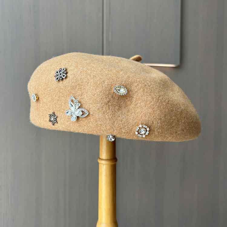 Tide British retro wool woolen rhinestone beret lady three-dimensional painter hat autumn and winter face small pumpkin bud hat
