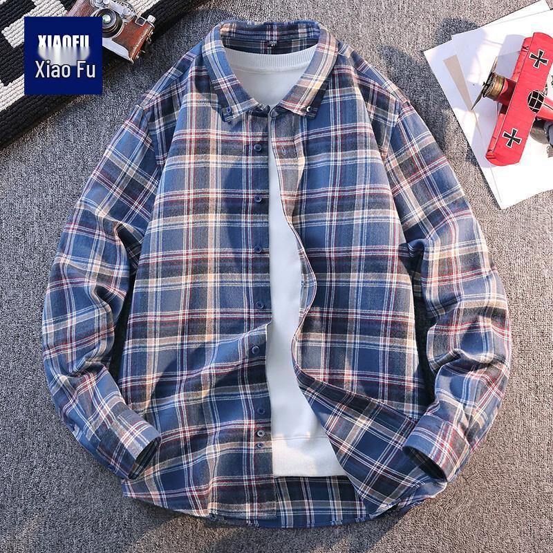 

Xiao Fu Men s Thickened Plaid Long-Sleeve Shirt M