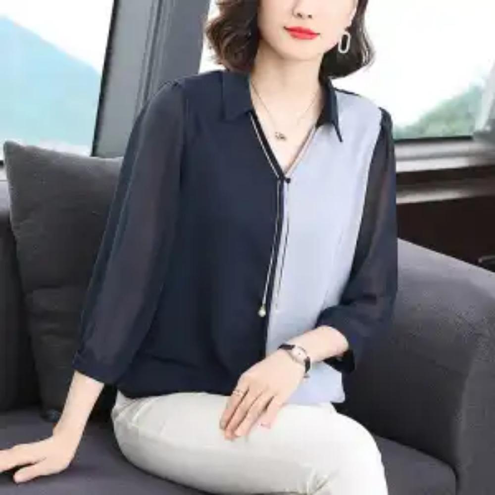 

Женская блузка с отложным воротником, рукавом 3/4, весна-осень, офисный стиль, корейская, однотонная, пэчворк, модная, с цепочкой 4XL