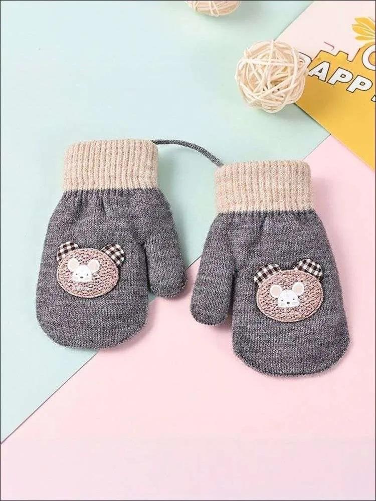 Lanyard Baby Gloves Infant Cartoon Knitted Warm Plus Velvet Thickened Winter Children's Cute Cartoon Gloves