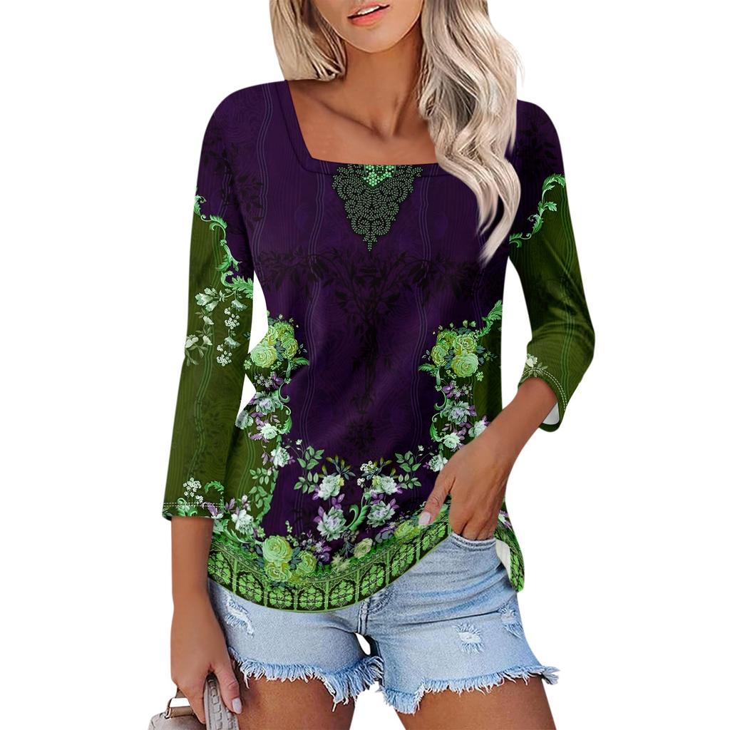 Women's 3/4 Sleeve Square Neck Floral Shirt Casual Loose Tunic Top