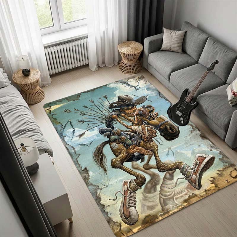 Surreal Weird Western Cowboy Fantasy Art Area Rug Non‑Slip Floor Mat Carpet Vintage Painting Print for Living Room Bedroom Decor