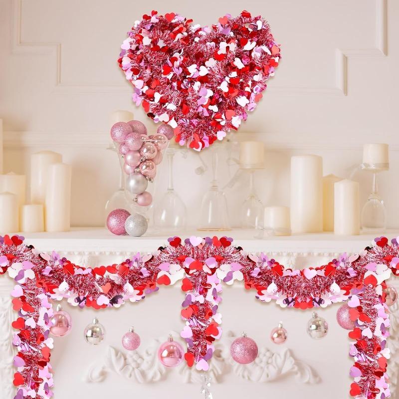 Valentine's Day 2m Artificial Sparkling Flower Wreath Metal Wire Flower Heart-Shaped Hanging Decoration DIY Party Wedding Decor