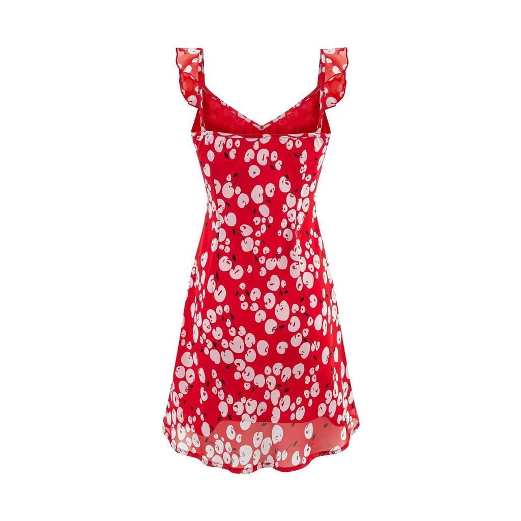 2025 European Style Red Printed Ruffle Tea Dress