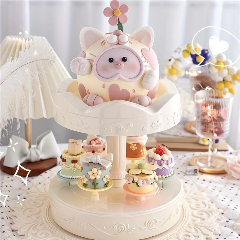Vintage Carousel Double Layer Cake Stand Girls Afternoon Tea Party Rotating Wooden Display Dolls Playsets Toys for Kids NO CAKE