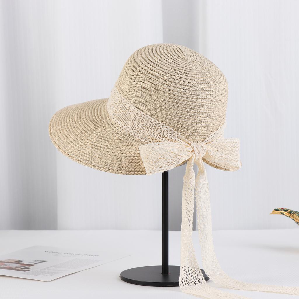 Lace Strap Straw Hat for Summer Sunshade Butterfly Knot Big Edge Beach Hat Female