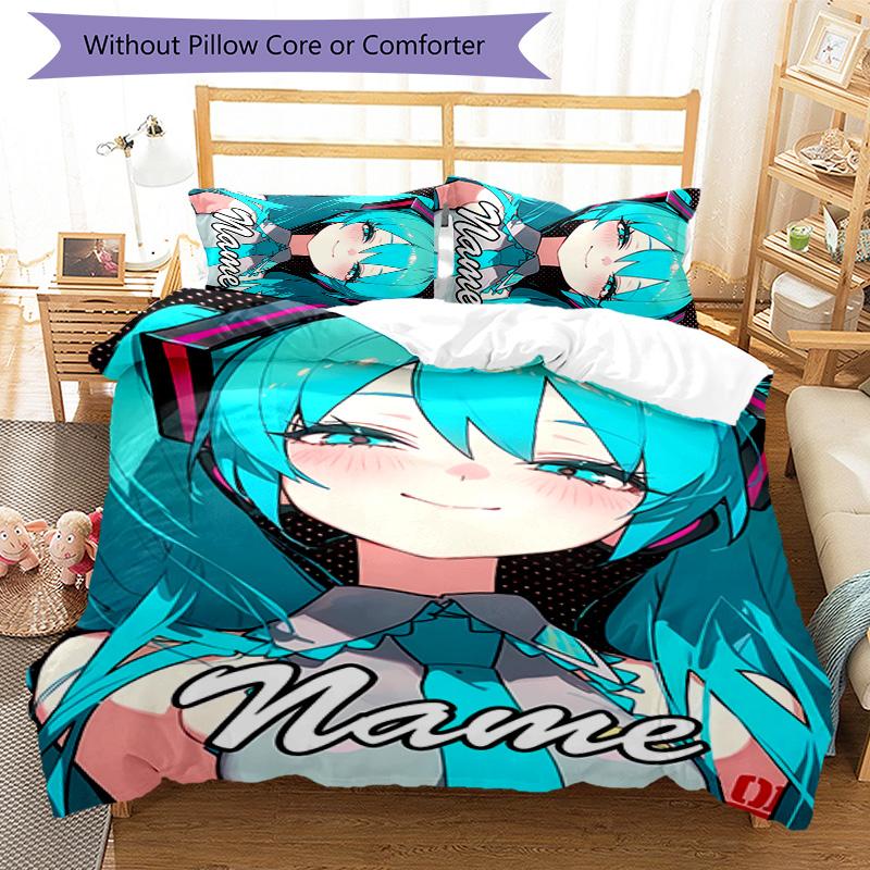 Set Copripiumino Hatsune Miku 3 Pezzi - Nome Personalizzato, Biancheria da Letto Stampata HD con 1 Copripiumino e 2 Federe - Perfetto per l'Arredamento della Casa, Facile da Curare