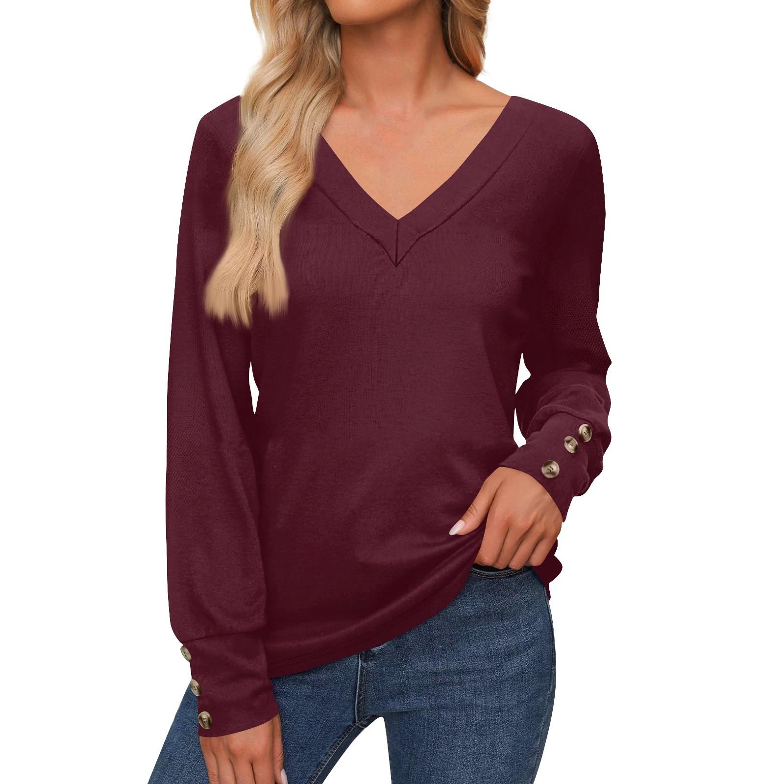 

Женские топы с длинными рукавами, манжетами, застегивающимися на пуговицы, рубашка с V-образным вырезом, свободная повседневная футболка, осенняя одежда XXL винный