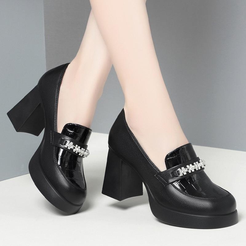 

cm high-heeled loafers women s autumn single shoes new women s deep-mouth leather shoes waterproof table Mary Jane shoes 35