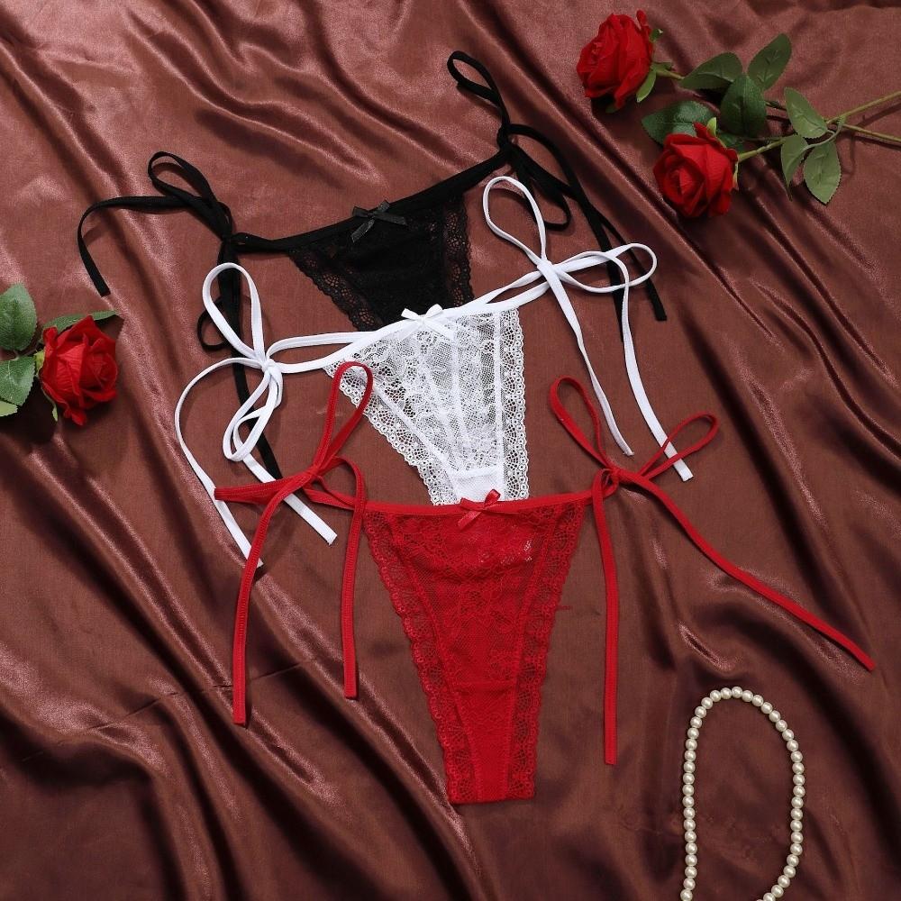 Adjustable Waist Strap Bow Lace Flower Transparent Briefs Low Waist Romantic T Panties Lady