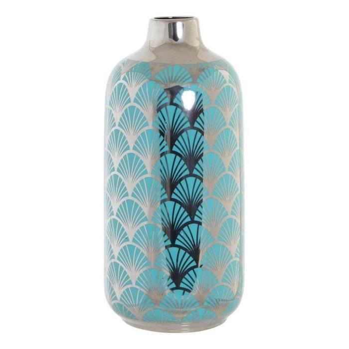 Vase - Design Oriental - Turquoise - Porcelaine - 41,5 Cm - Finition Chromée