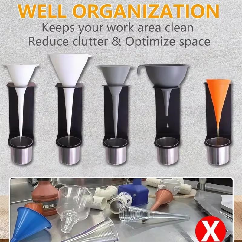 Two-Pack Wall Oil Funnel Storage Racks with Removable Drip Trays for Workshop and Garage