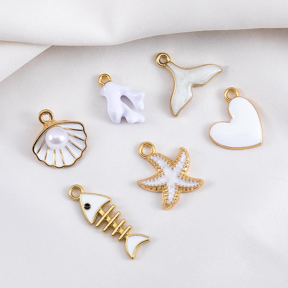 10pcs Trend White Enamel Ocean Coral Conch Fish Bones Fishtail Heart Charms Alloy Pendants DIY Necklace Keychain Jewelry Making