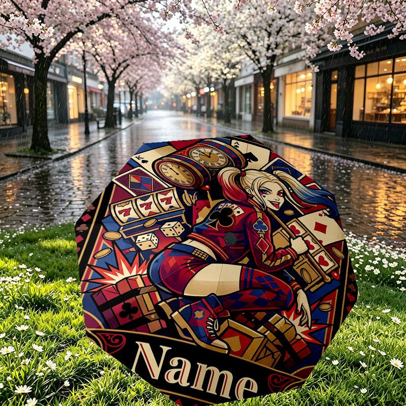 Custom Name Personalized Harley Quinn Print Umbrella, Auto Open Close, 8‑Rib Sturdy Frame, Commute Camping Hiking Use, Birthday Gift