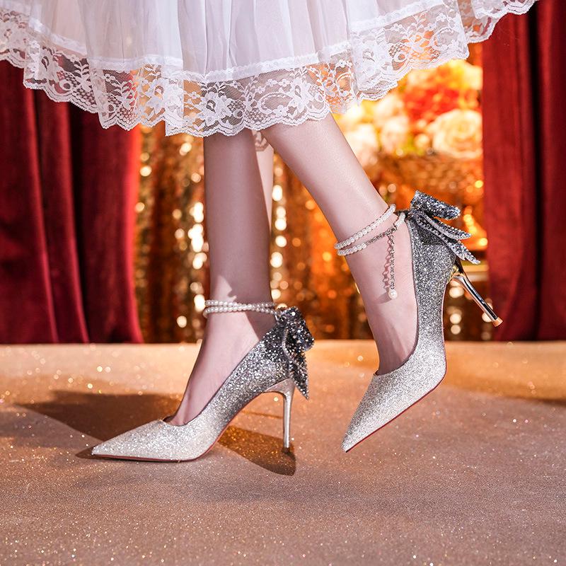 9888W-012 Xiuhui Women's High-End Crystal Pearl Wedding Heels with Sequins and Bowknot