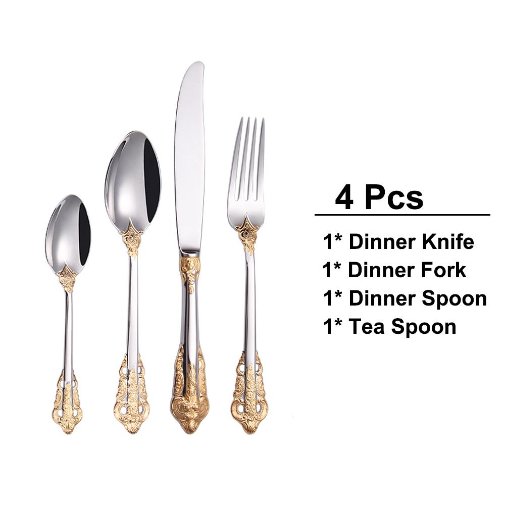 12/15/16/20 Pieces Gold Plated Luxury Cutlery Set Stainless Steel Gold Dinnerware Vintage Western Tableware Fork Spoon Knife Set