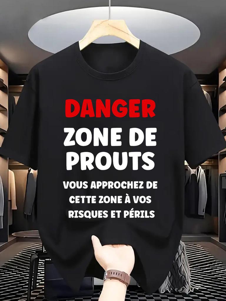 Unisex Crew Neck Tee Danger Funny French Text Print Cotton Short Sleeve Loose Summer Street Breathable Daily Casual Basic Wear Top