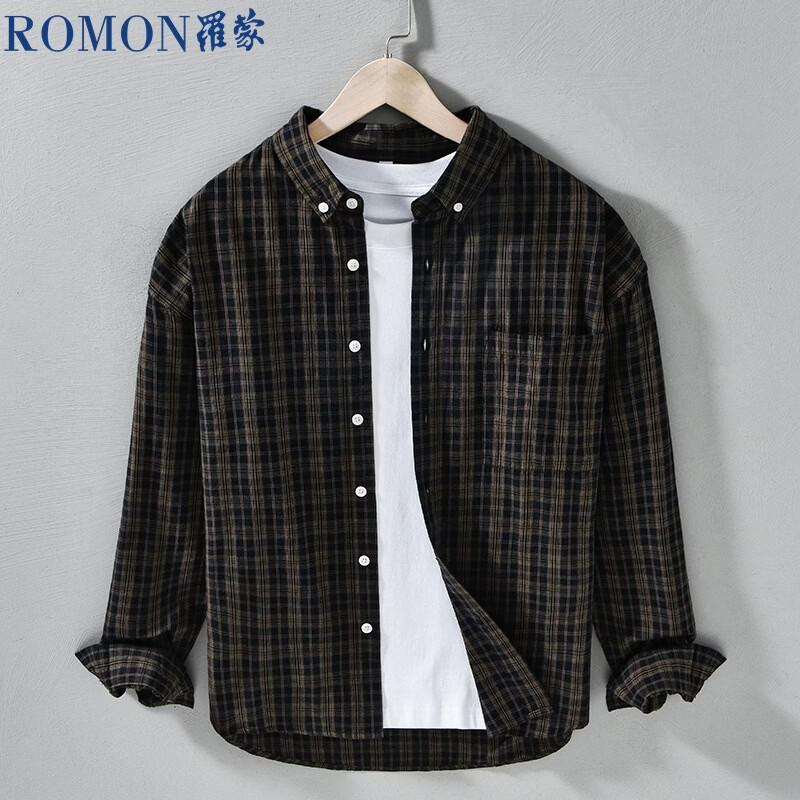 ROMON Men s Japanese Retro Plaid Drop-Shoulder Long-Sleeve Shirt 2XL