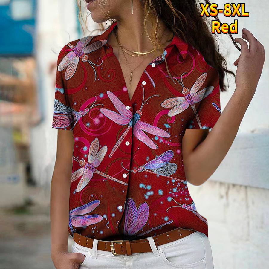 2025 Léto Nová Móda Dámská Květinová Krátký Rukáv Výstřih do V Ležérní Halenka s Knoflíky