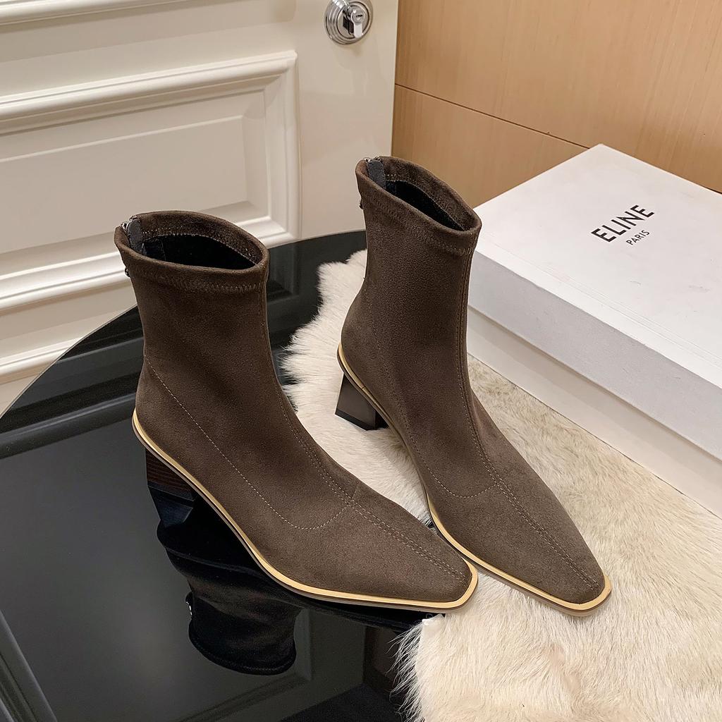 6CM Niche Fashion Simple Elastic Thin Boots 2025 Autumn and Winter New Square Head Thick Heel Rear Zipper High Heel Short Boots