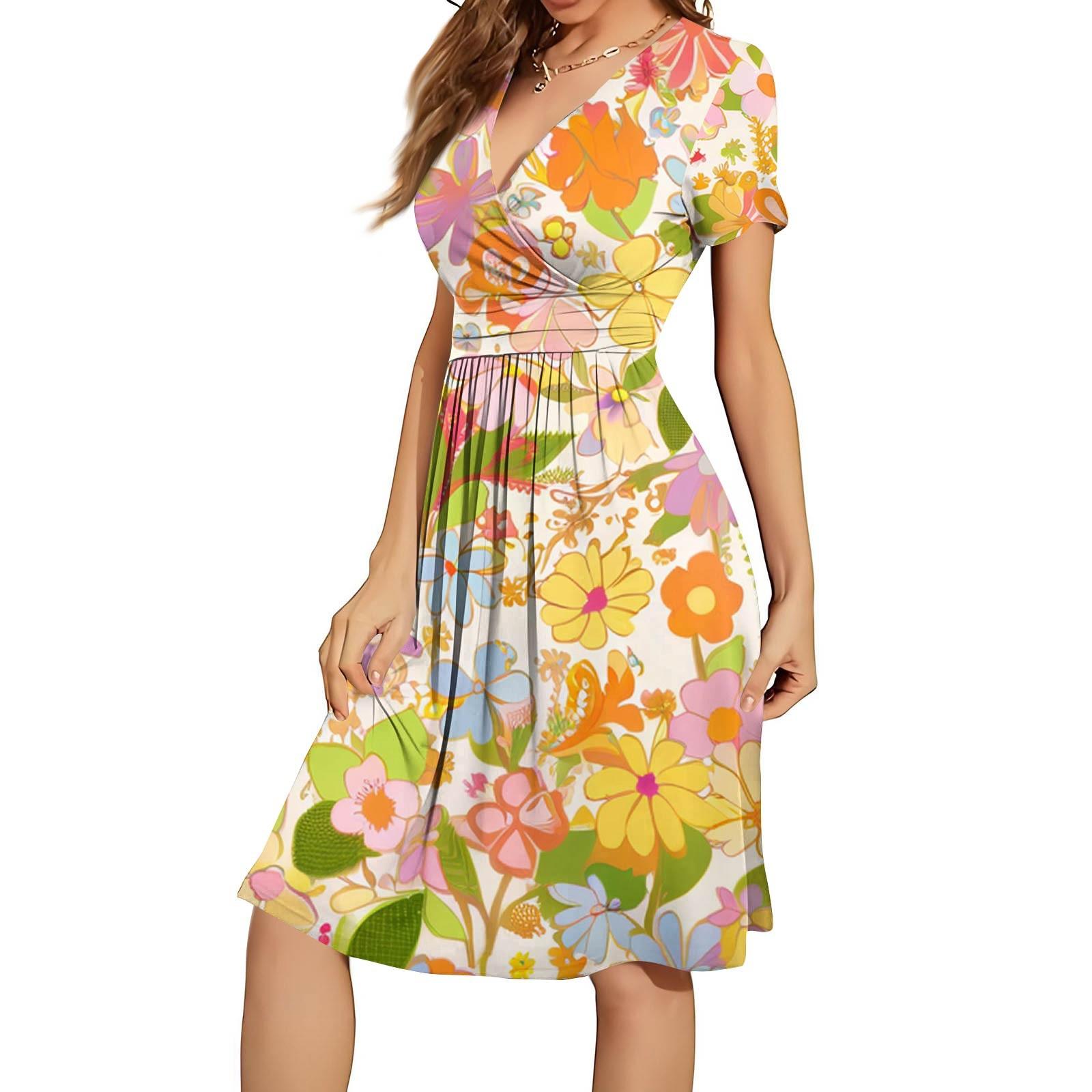 

Женское летнее повседневное свободное удобное платье с v-образным вырезом и коротким рукавом с принтом M жёлтый