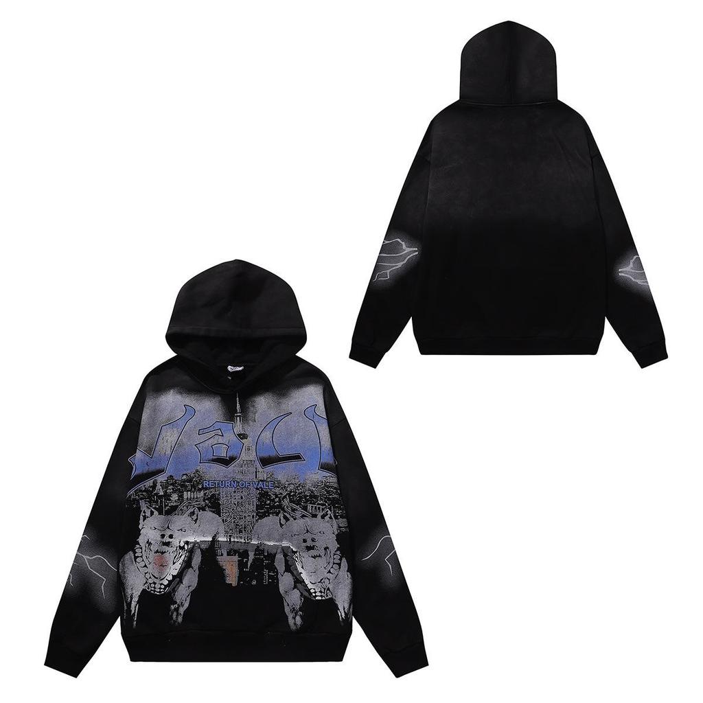 Unisex Retro Print Distressed Zipper Hoodie - Loose Fit, High Street American Style