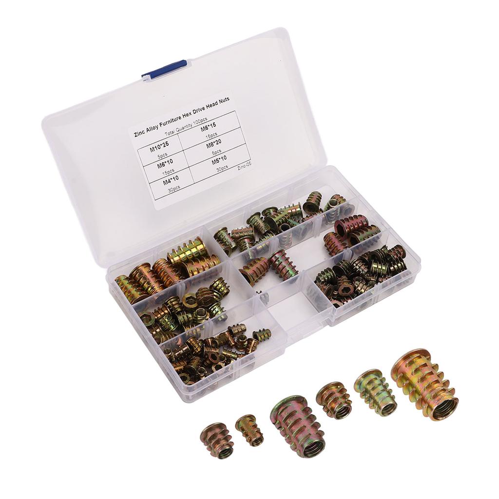 100Pcs Zinc Alloy Furniture Hex Drive Head Nuts Assortment Set with Storage Box High Hardness M4 M5 M6 M8 M10