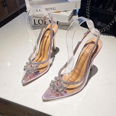 Fashion 2024 Bling Rhinestone Sandal for Women Summer Sexy Pointed Pvc Clear Slingback Thin High Heels Party Prom Shoes Sandalias